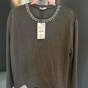 Zara Dark Gray Jewel-Neck Long Sleeve Sweatshirt